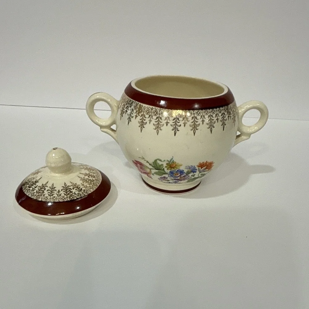 Glazed Ceramic Floral Sugar Bowl w/ Lid & Handles, White/Brown Multicolor